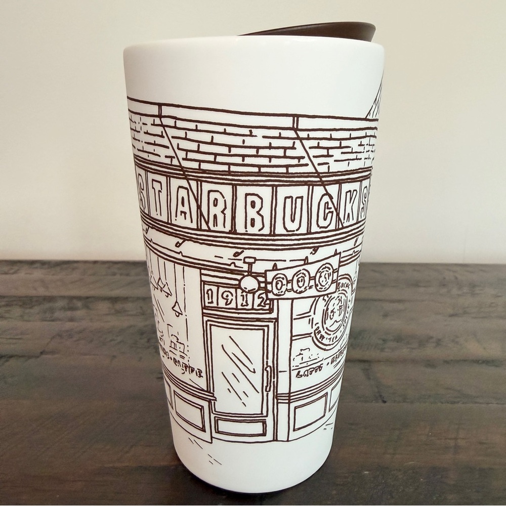 Starbucks Pike Place First Store Storefront White Ceramic Travel Tumbler 12 F Oz